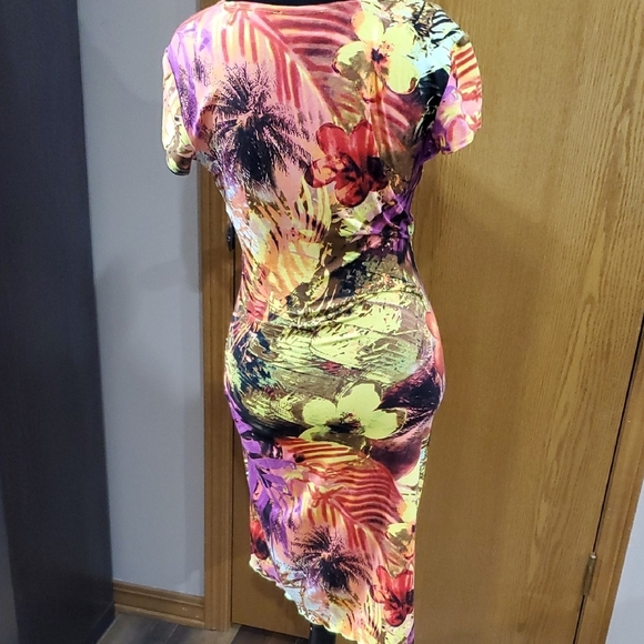 Joseph Ribkoff Pink and Purple Tropical Ruched Faux Wrap Dress - Picture 5 of 8